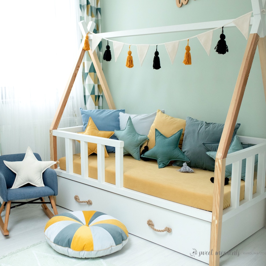 Pufa dla dzieci Grey Velvet patchworkowe siedzisko