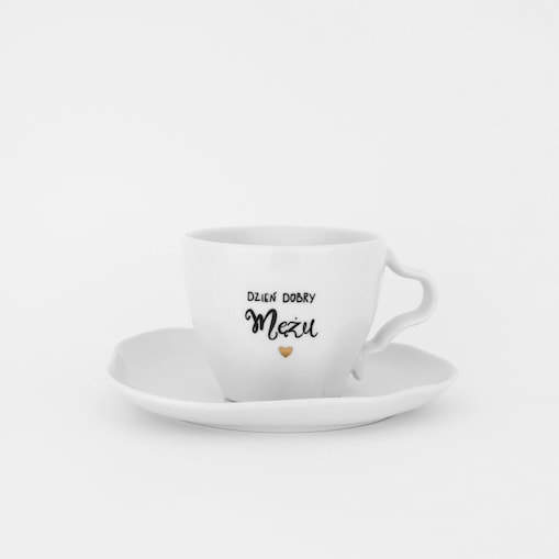 Biała Asymetryczna Filiżanka Porcelanowa ze Spodkiem 200 ml - Napis Dzień Mężu ze Złotym Sercem dla Męża na Rocznicę Ślubu