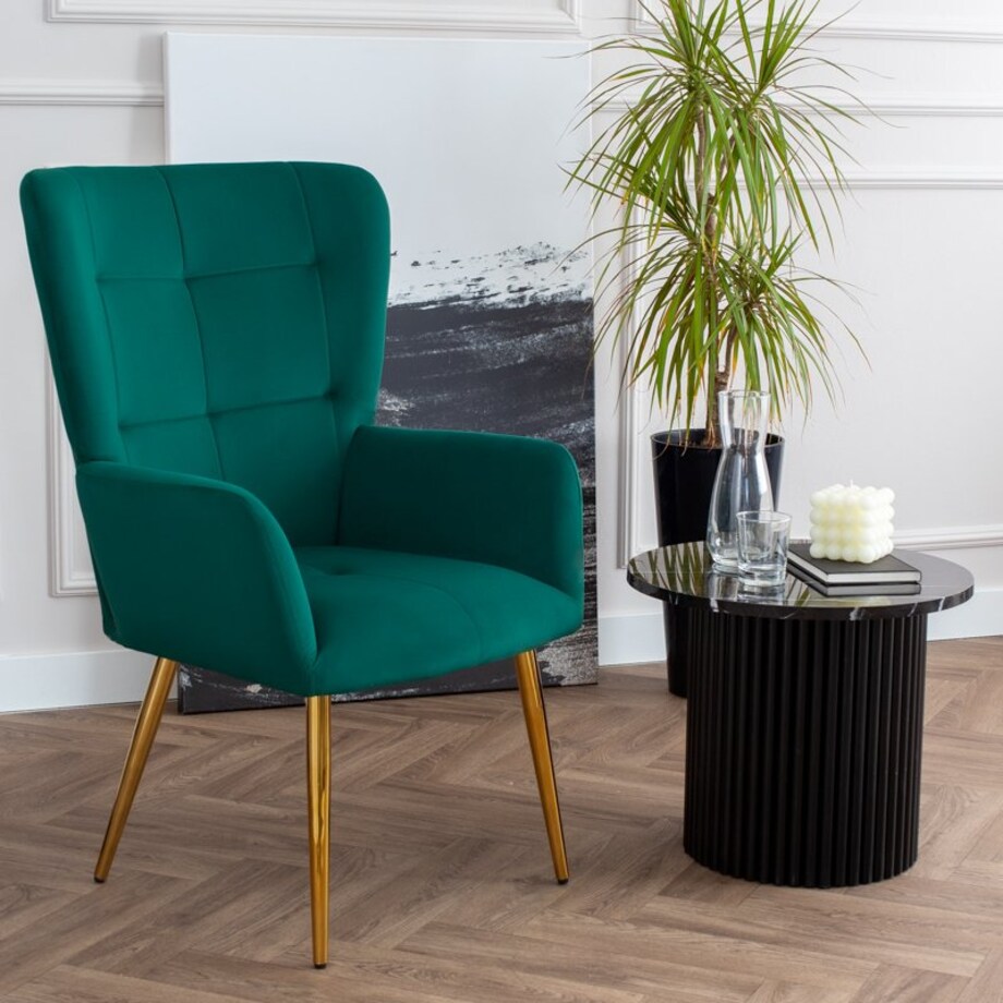 Fotel uszak do salonu wypoczynkowy welurowy tapicerowany zielony złote nogi