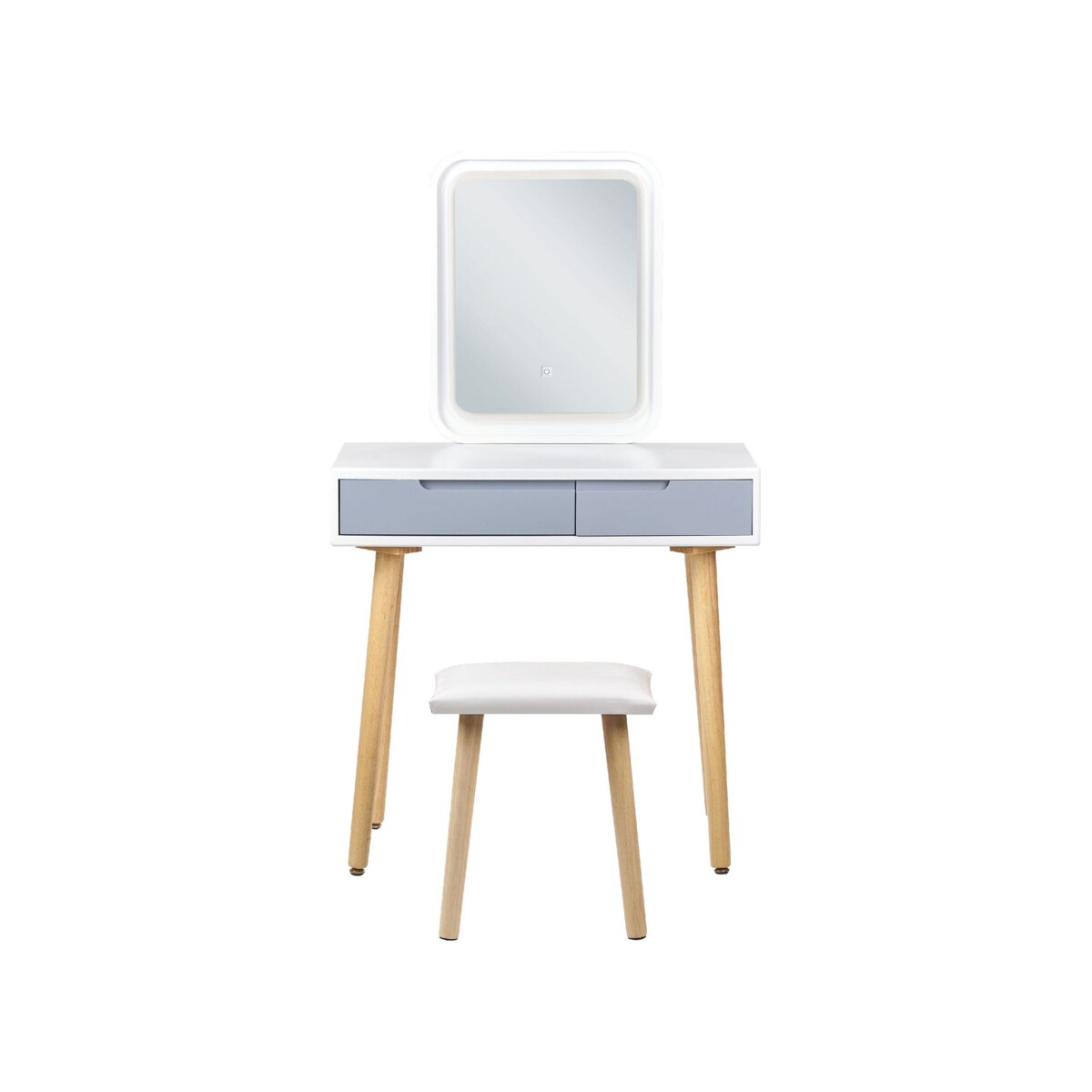 Toaletka 2 szuflady lustro LED ze stołkiem biało-szara DIEPPE