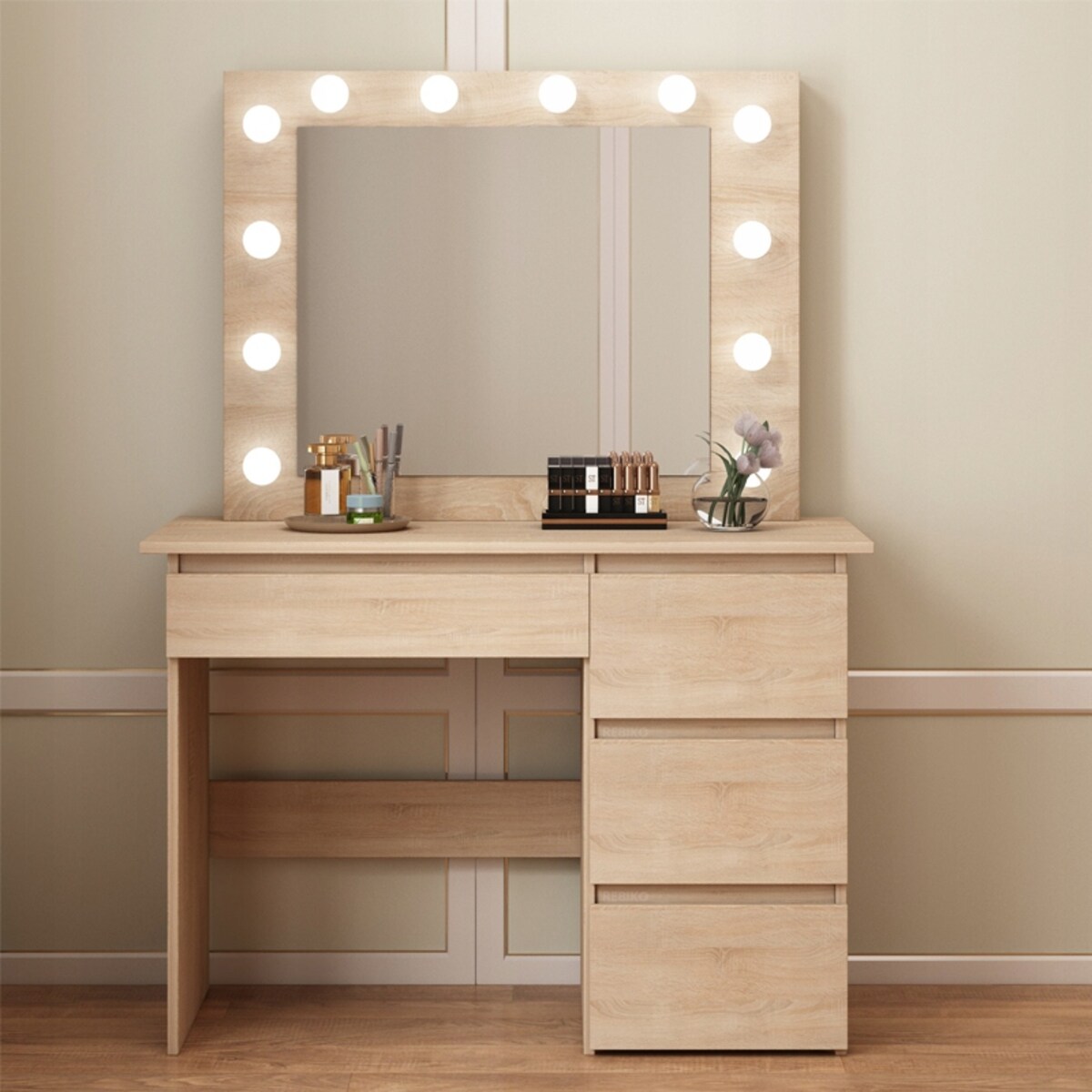 Toaletka z lustrem 4 szuflady brązowa led