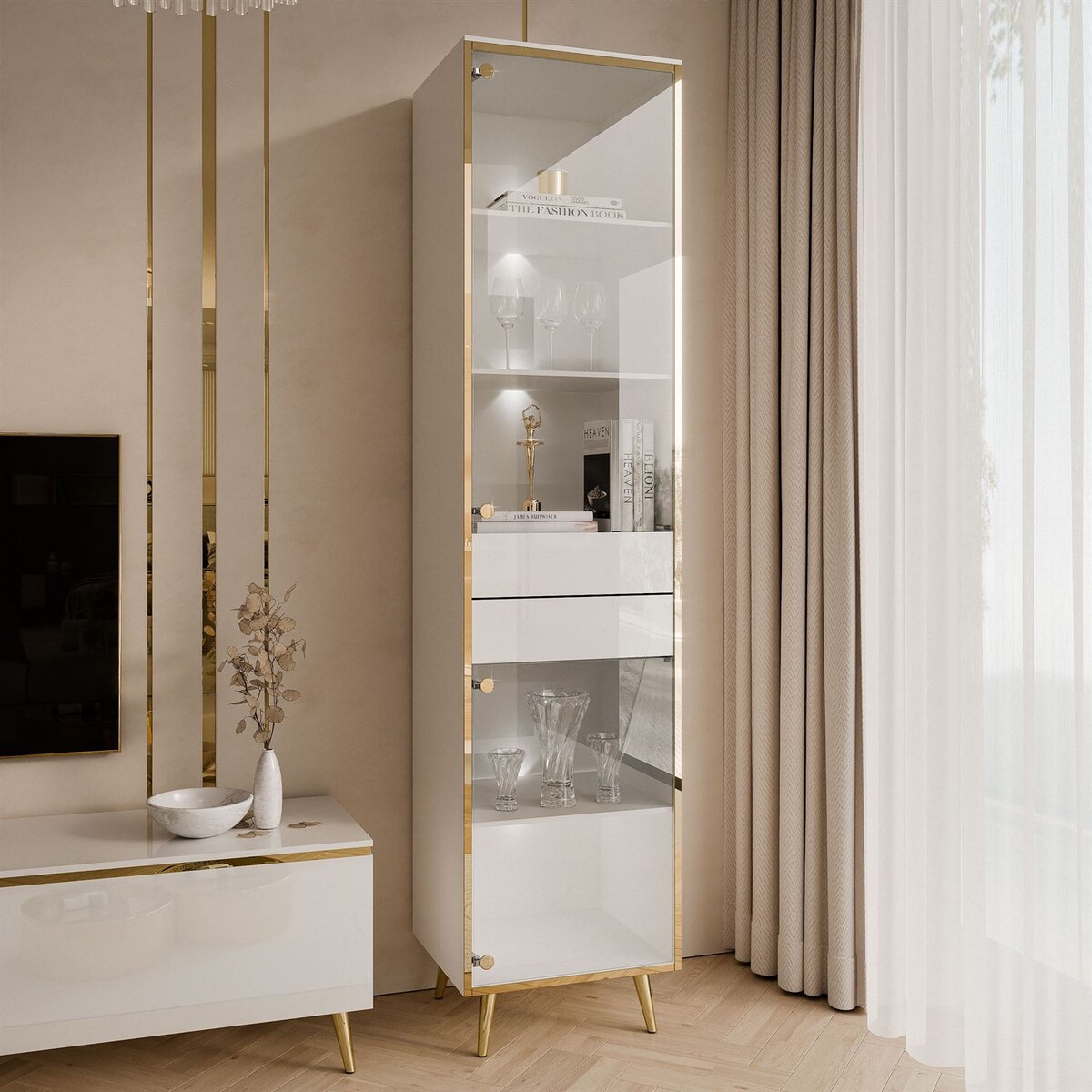 Witryna AURORA z oświetleniem LED biały połysk nogi skośne