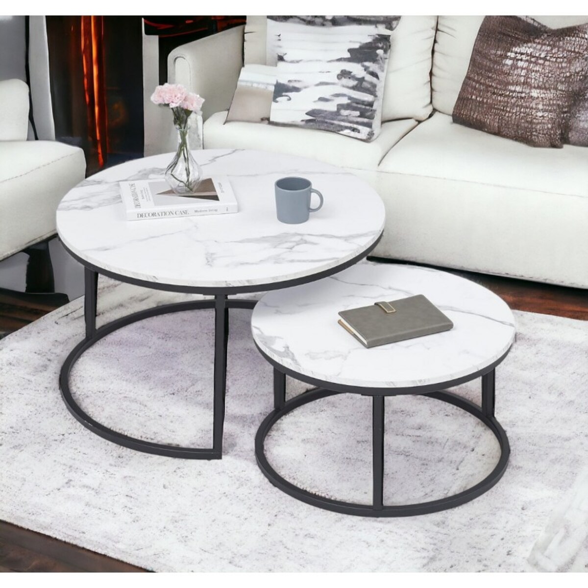 Zestaw okrągłych stolików kawowych 2w1 biały marmur 60 i 80 cm STL14