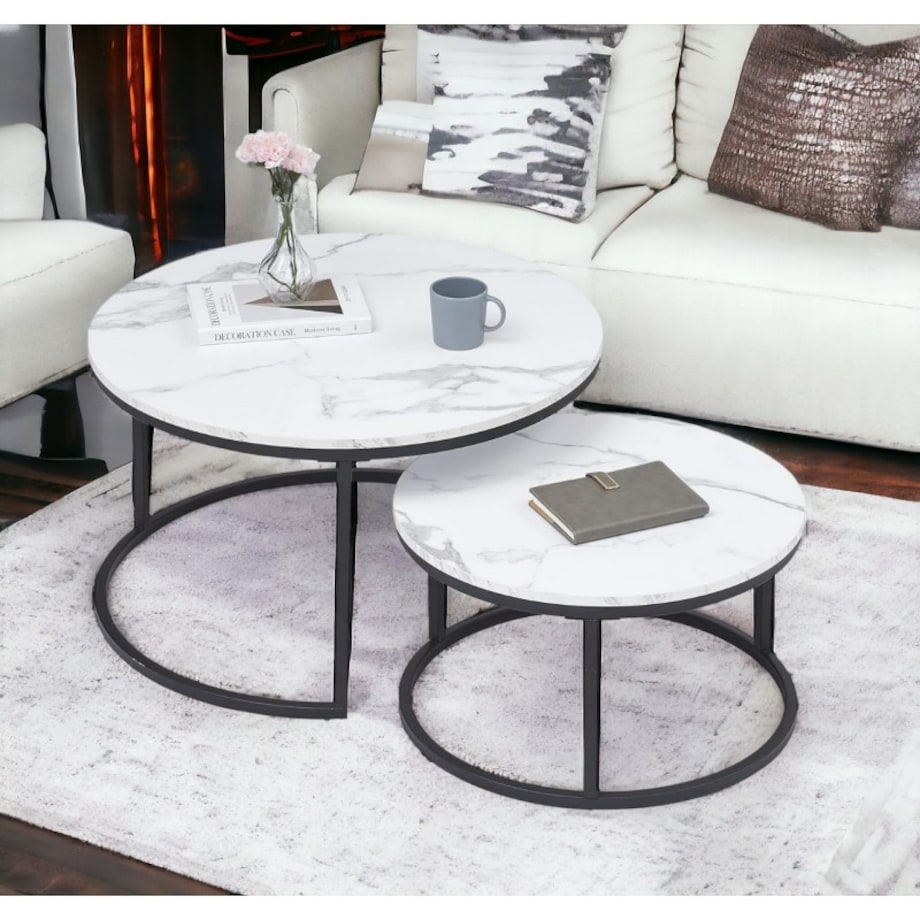 Zestaw okrągłych stolików kawowych 2w1 biały marmur 60 i 80 cm STL14