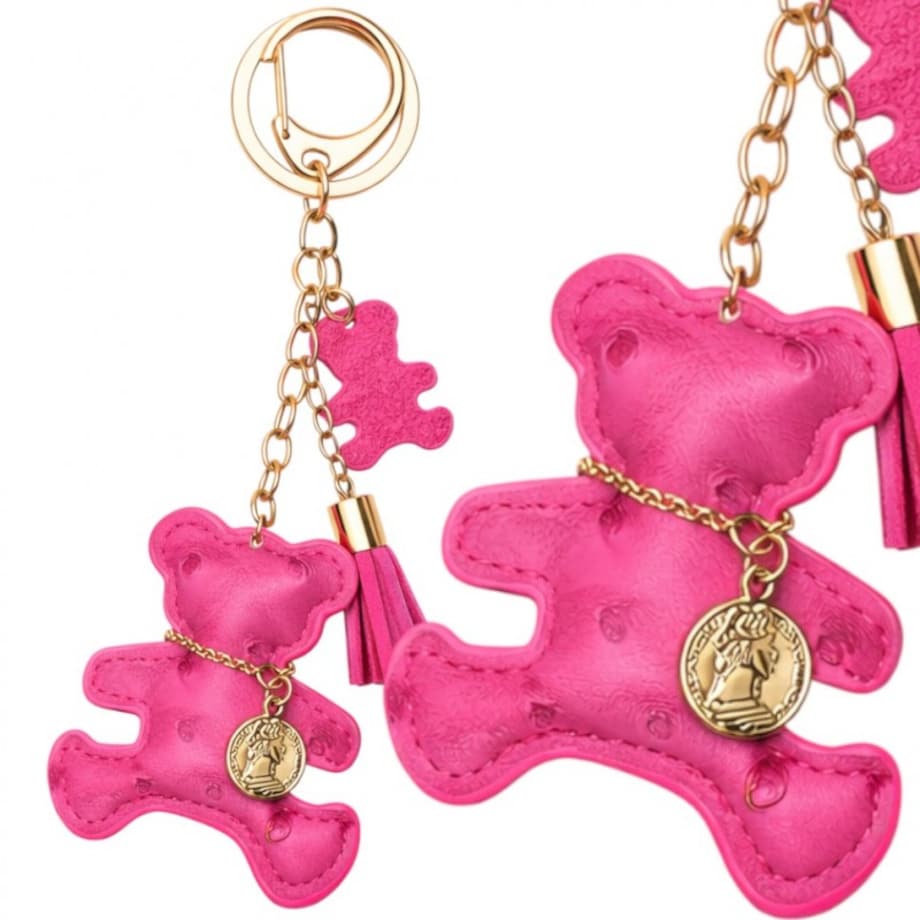 Brelok do kluczy skórzany MIŚ fuksja, frędzle BRL357