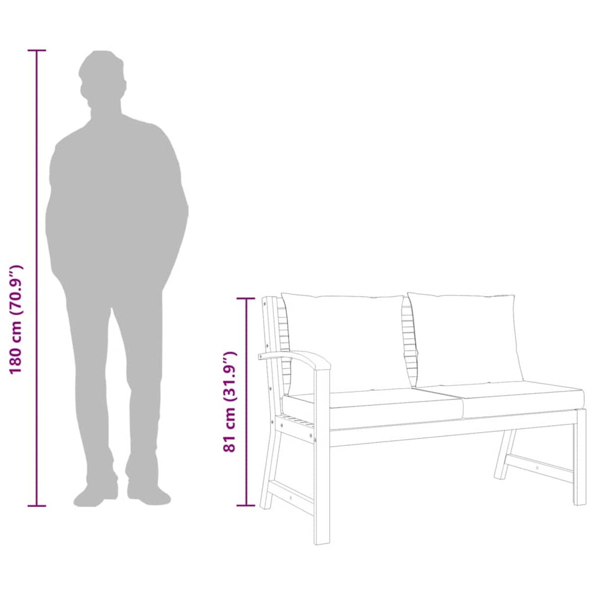 vidaXL Ławka ogrodowa, 114,5 cm, kremowe poduszki, drewno akacjowe