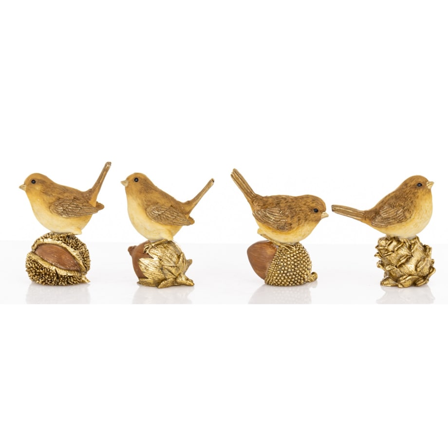 Figurki 4 ptaszków siedzących na szyszce, kasztanie, orzechu i żołędziu 7,5x6,5x4 cm