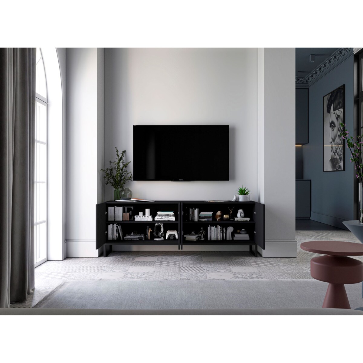 Nowoczesna Szafka RTV Glamour Komoda RTV Loft Ryflowane Fronty Czarny Mat 300 cm