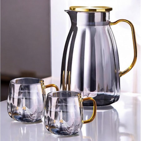 Zestaw- dzbanek 1600ml z falowanymi ściankami z pokrywką + 2 szklanki 350ml- DZ07