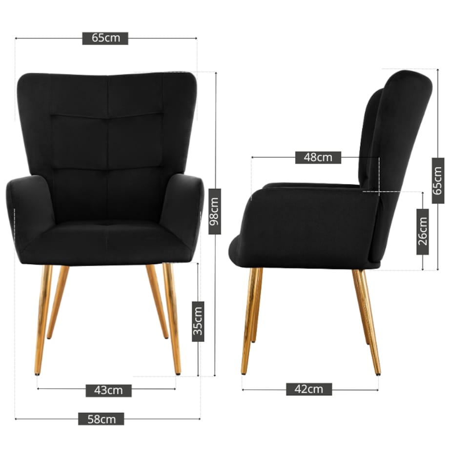 Fotel uszak do salonu wypoczynkowy welurowy tapicerowany czarny złote nogi