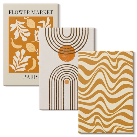 Zestaw 3 dużych obrazów na płótnie - Wzory roślinne geometryczne postery - pomarańczowy