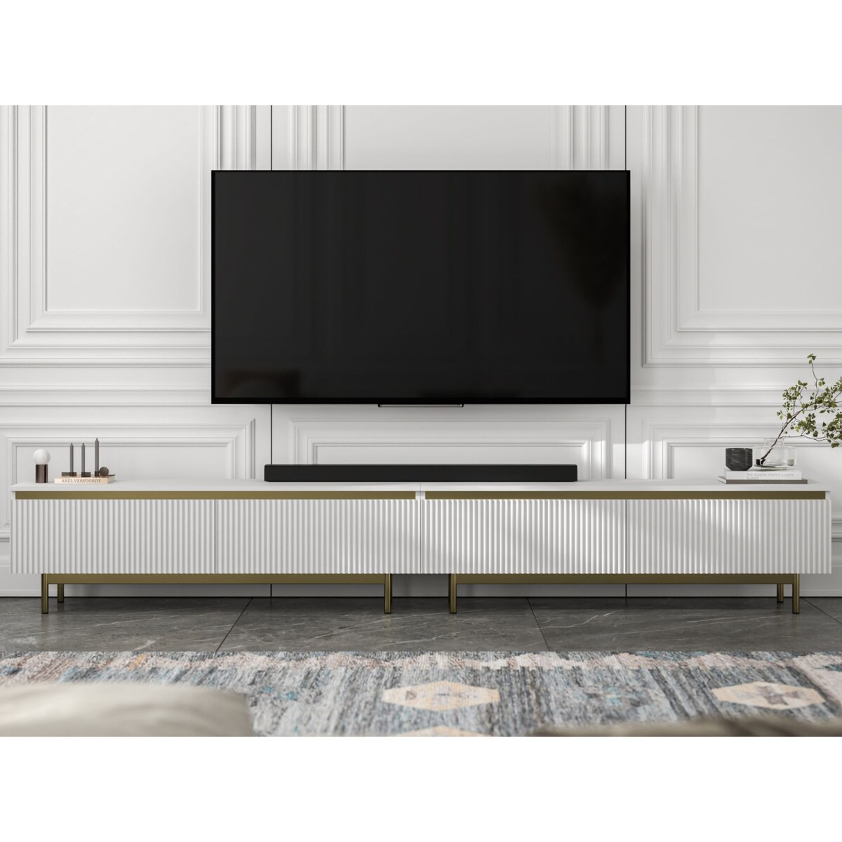 Nowoczesna Szafka RTV Glamour Komoda RTV Biały Mat 280 cm złote akcenty