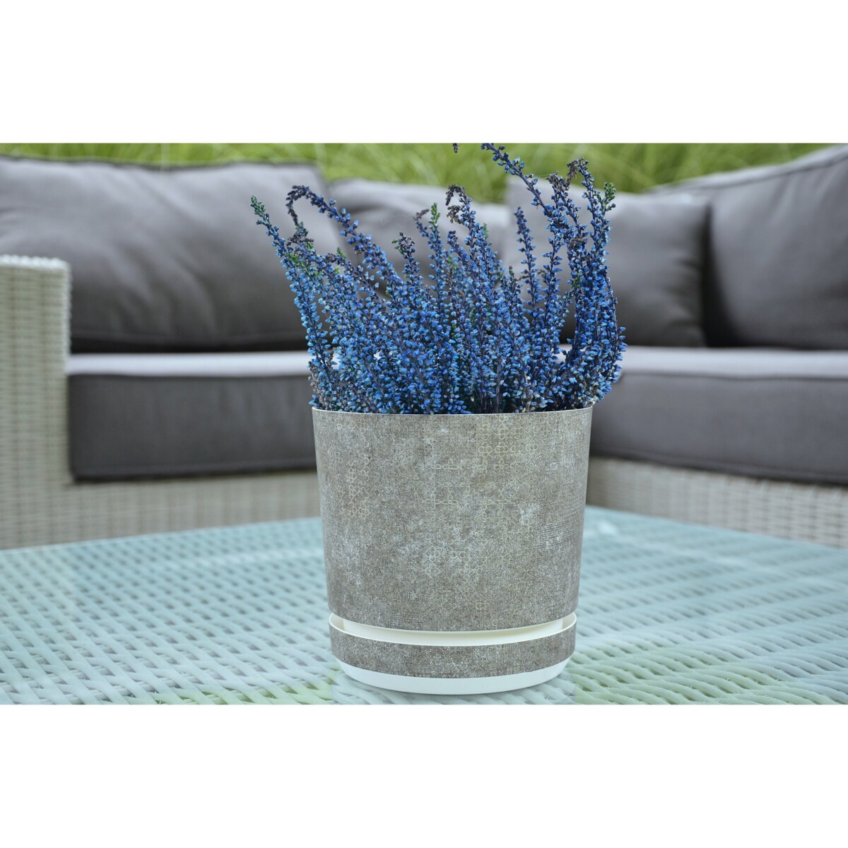 21 cm wzór Szary gres TRIBECA 013 Doniczka z podstawką matowa donica z połyskującym srebrnym wzorem