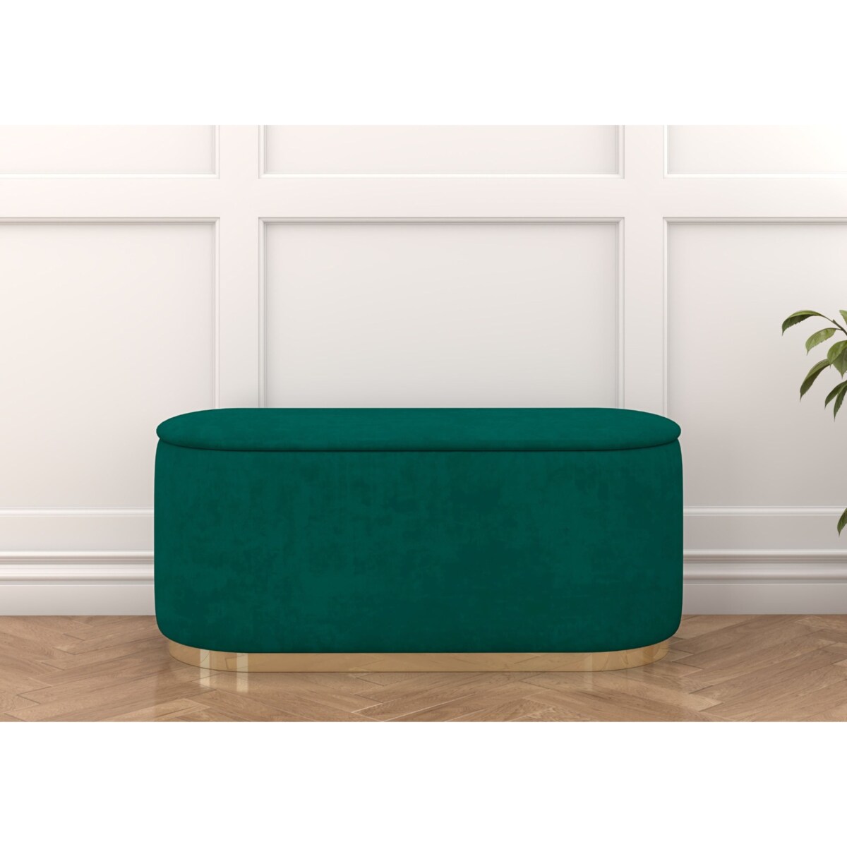 Tapicerowany owalny puf ze schowkiem Dancan SCARLETT na złotej podstawie / szer. 110 cm / zielony