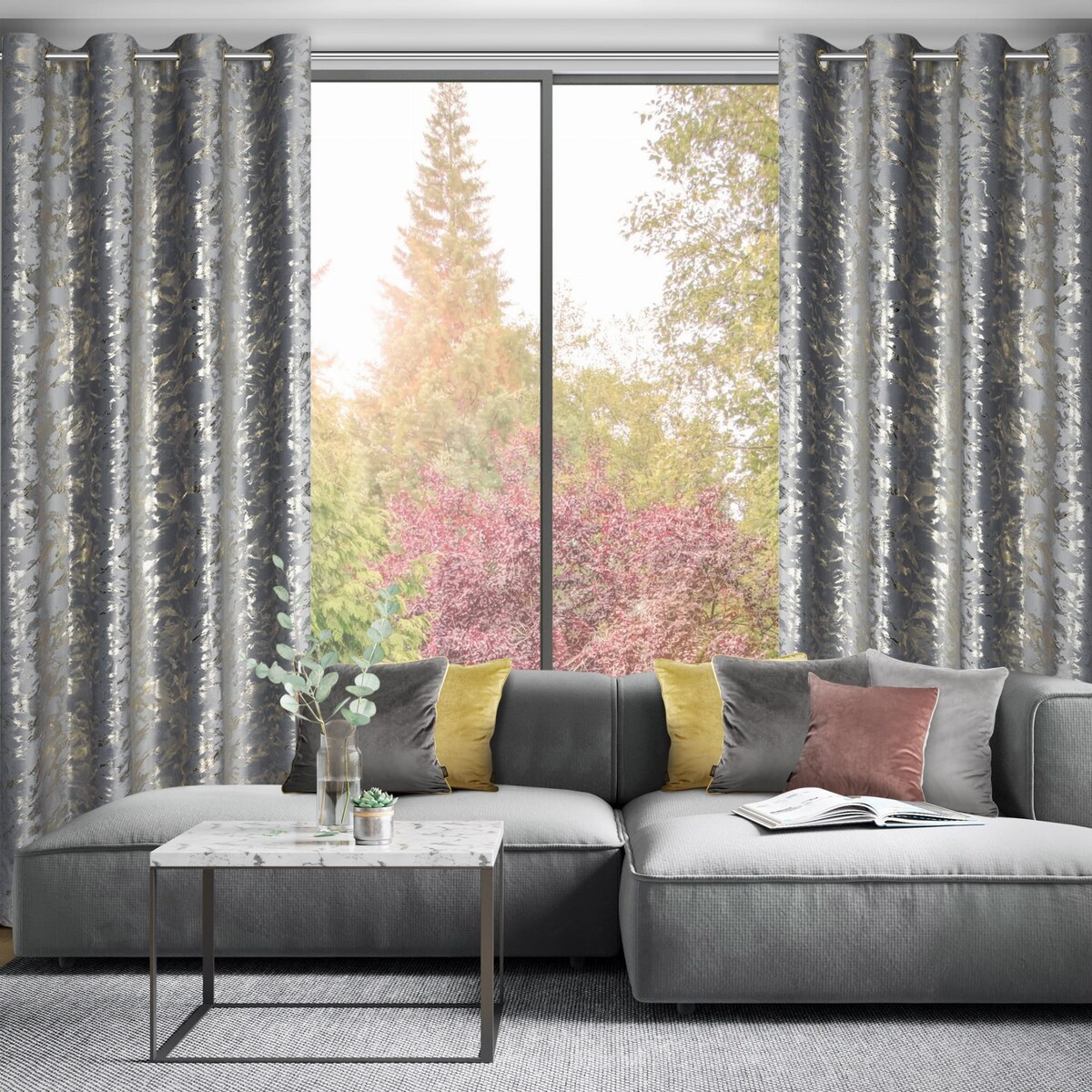 Zasłona Welwetowa 140x250 DORIS grafit+złoty Eurofirany Z Nadrukiem Gotowa