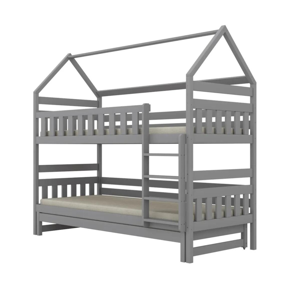 Łóżko piętrowe domek FELIKS 180x80 szare drewniane trzyosobowe