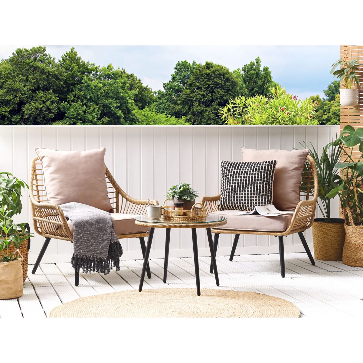 Zestaw mebli balkonowych z poduszkami LAURETO Technorattan Naturalny