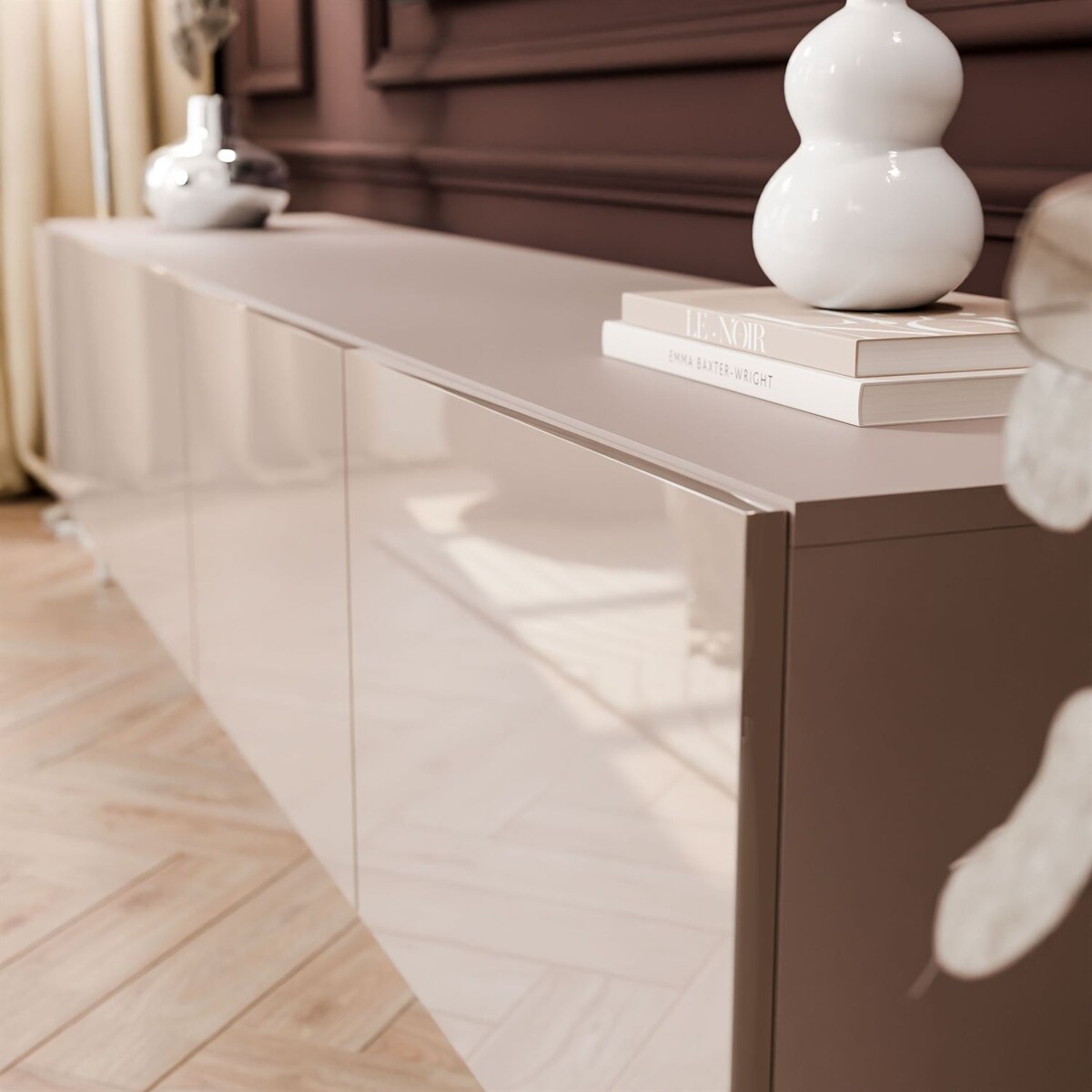 Szafka RTV COLGANTE 200 kaszmir wysoki połysk, oświetlenie LED, nóżki proste srebrne