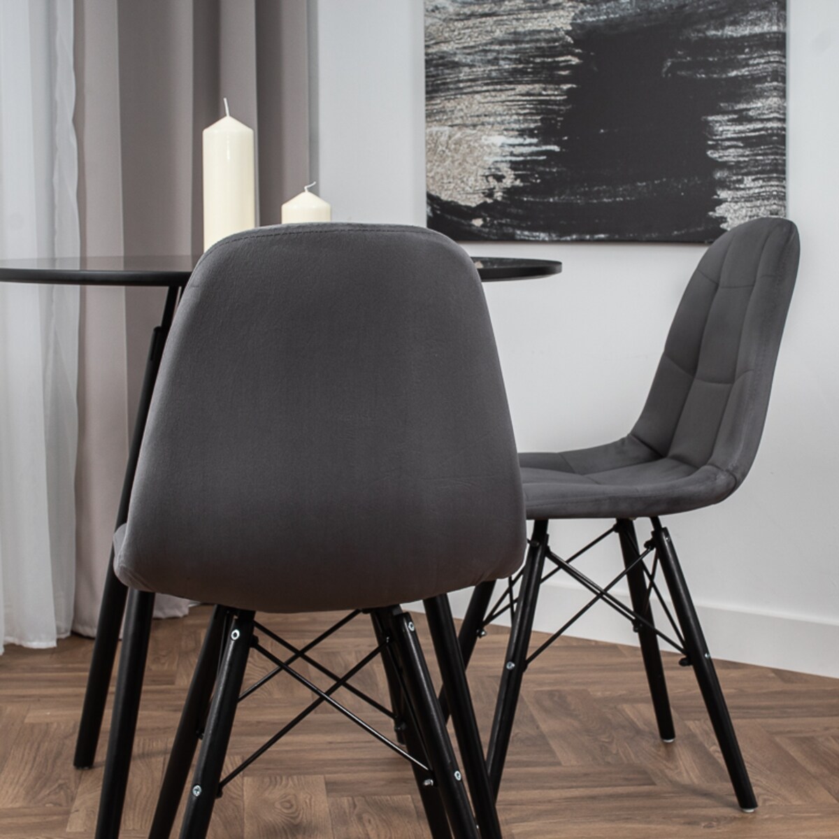 Krzesło skandynawskie tapicerowane szare nowoczesne welurowe pikowane