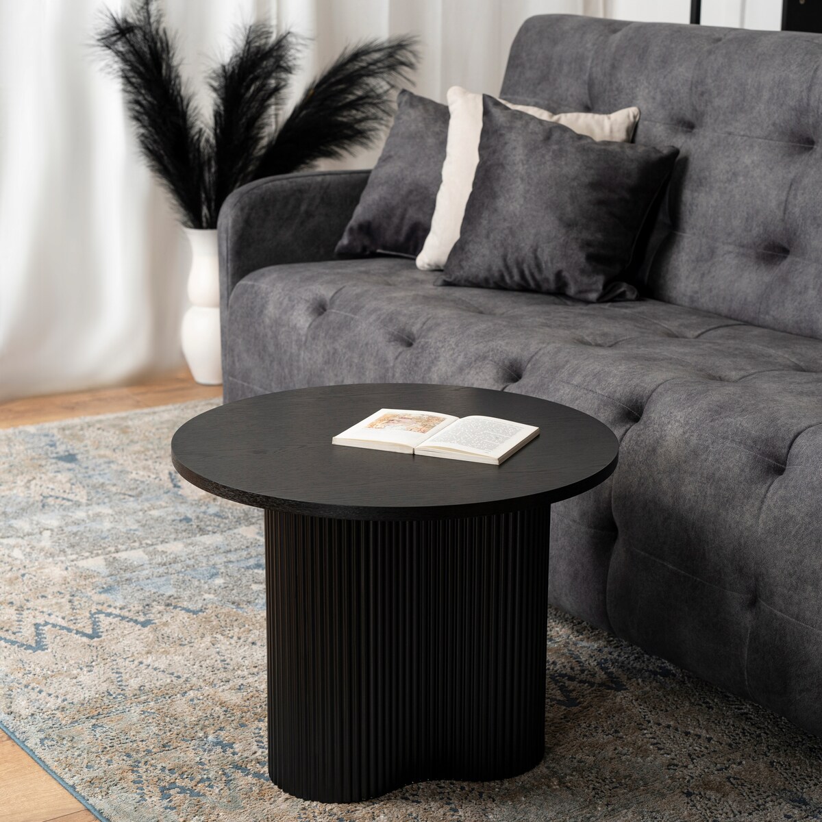 Stolik Kawowy Okrągły Mały Czarny Ryflowany Loft Nowoczesny Ława DERIAN