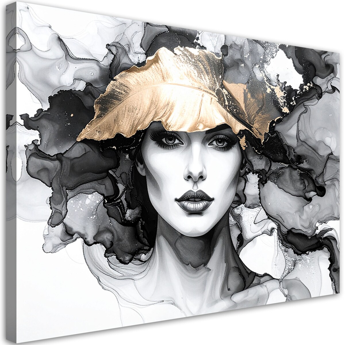 Obraz czarno złoty do salonu sypialni, Kobieta i liście na głowie 60x40