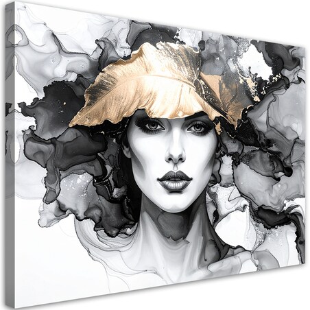 Obraz czarno złoty do salonu sypialni, Kobieta i liście na głowie 60x40