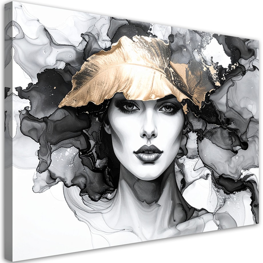 Obraz czarno złoty do salonu sypialni, Kobieta i liście na głowie 60x40