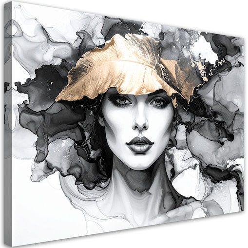 Obraz czarno złoty do salonu sypialni, Kobieta i liście na głowie 60x40