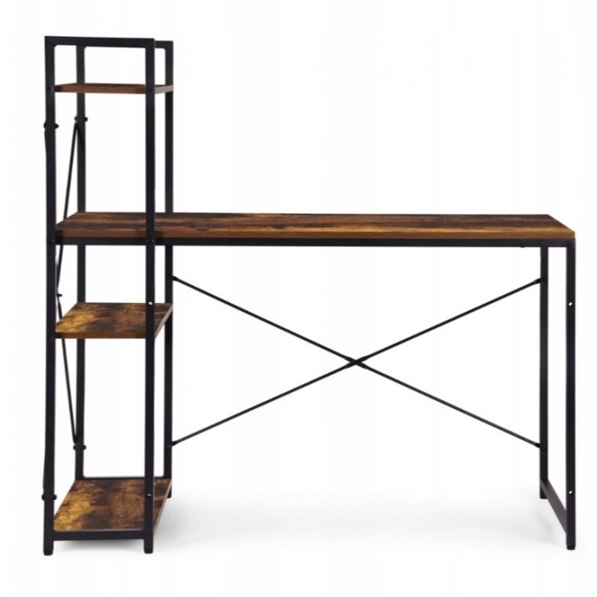 Loftowe biurko komputerowe z regałem, półkami, 120 x 60cm, czarne, brązowy blat STL24BR
