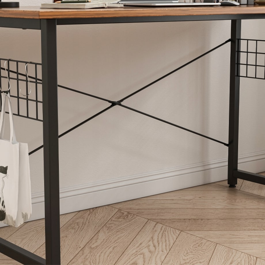 Biurko komputerowe loft industrialne szkolne rustykalny brąz z haczykami