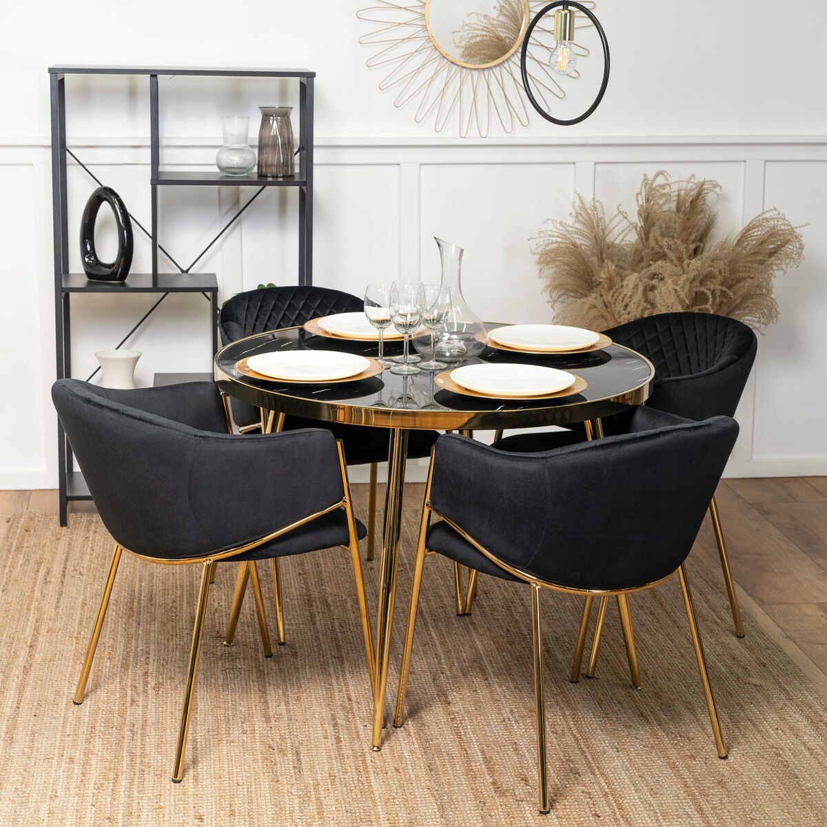 Krzesło Tapicerowane Welurowe Do Jadalni Salonu Glamour Czarne Złote INNES