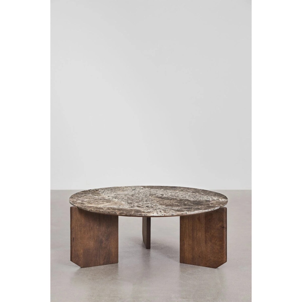 Stolik kawowy z drewna mango i brązowego marmuru Lavinia Ø90 cm