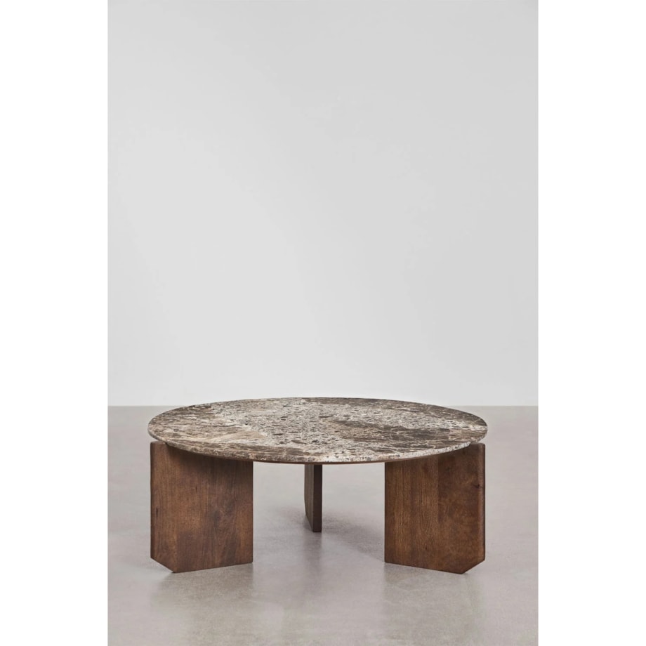 Stolik kawowy z drewna mango i brązowego marmuru Lavinia Ø90 cm
