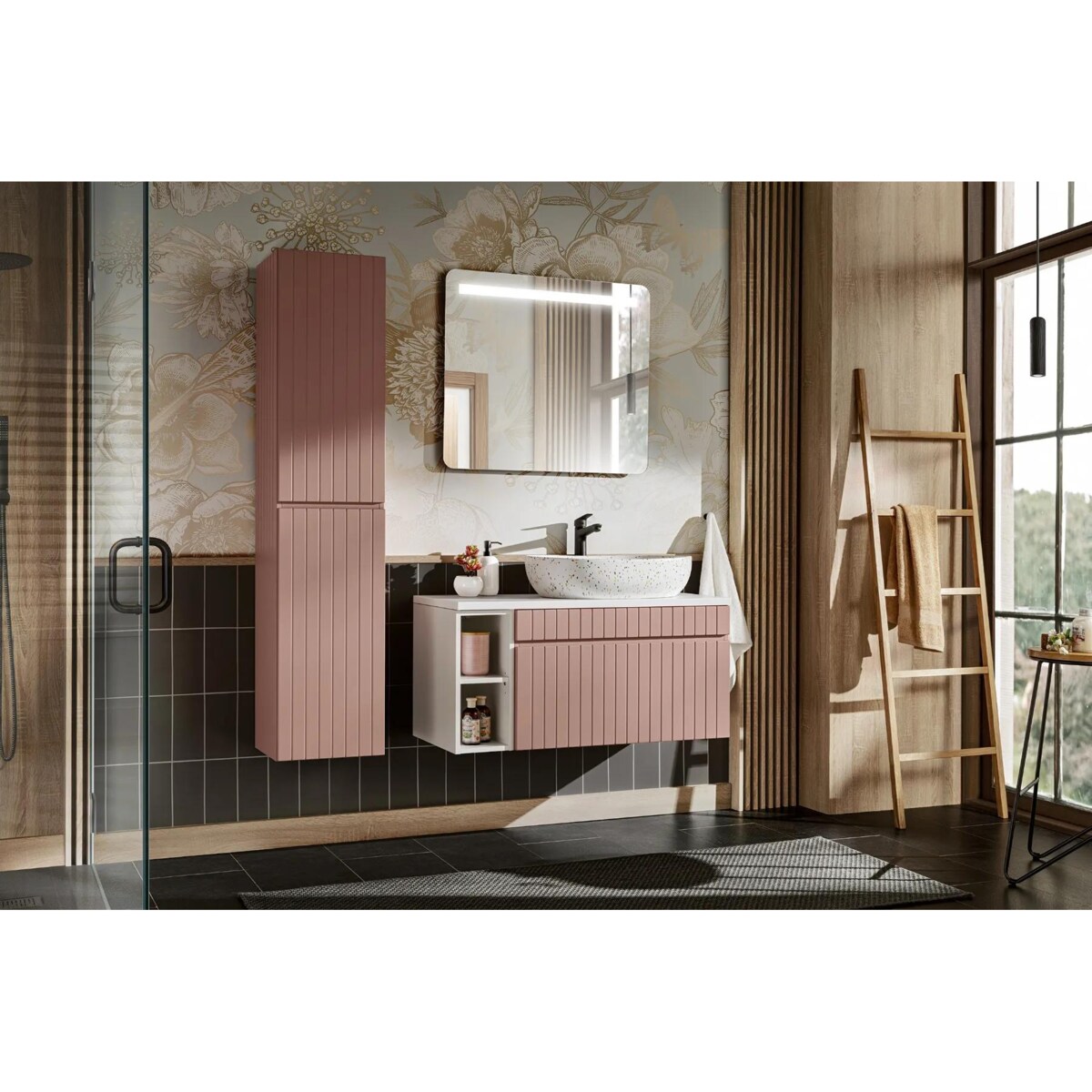 Szafka pod umywalkę nablatową ICONIC ROSE 60cm + ICONIC WHITE 20cm zestaw z blatem