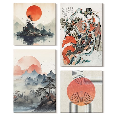 Zestaw 4 obrazów na płótnie - Azjatyckie pejzaże japandi - beżowy