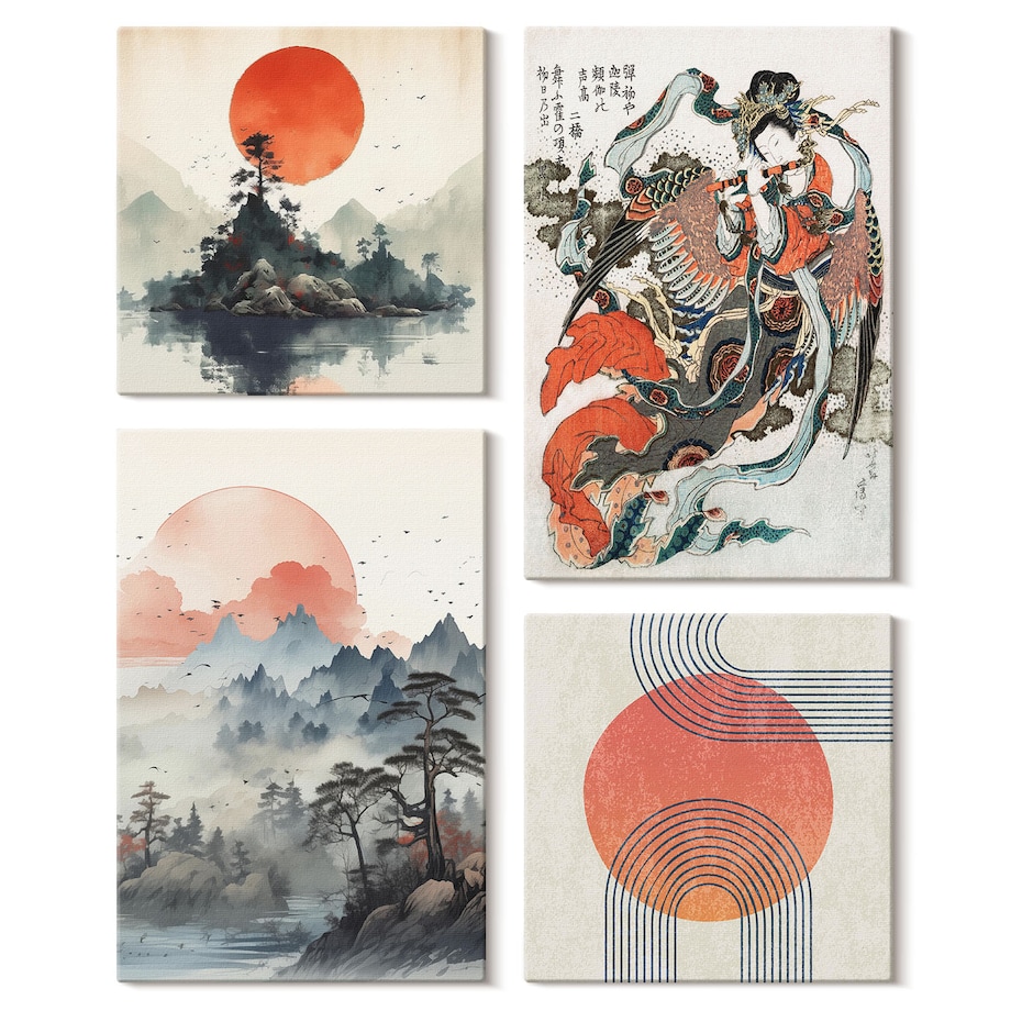Zestaw 4 obrazów na płótnie - Azjatyckie pejzaże japandi - beżowy