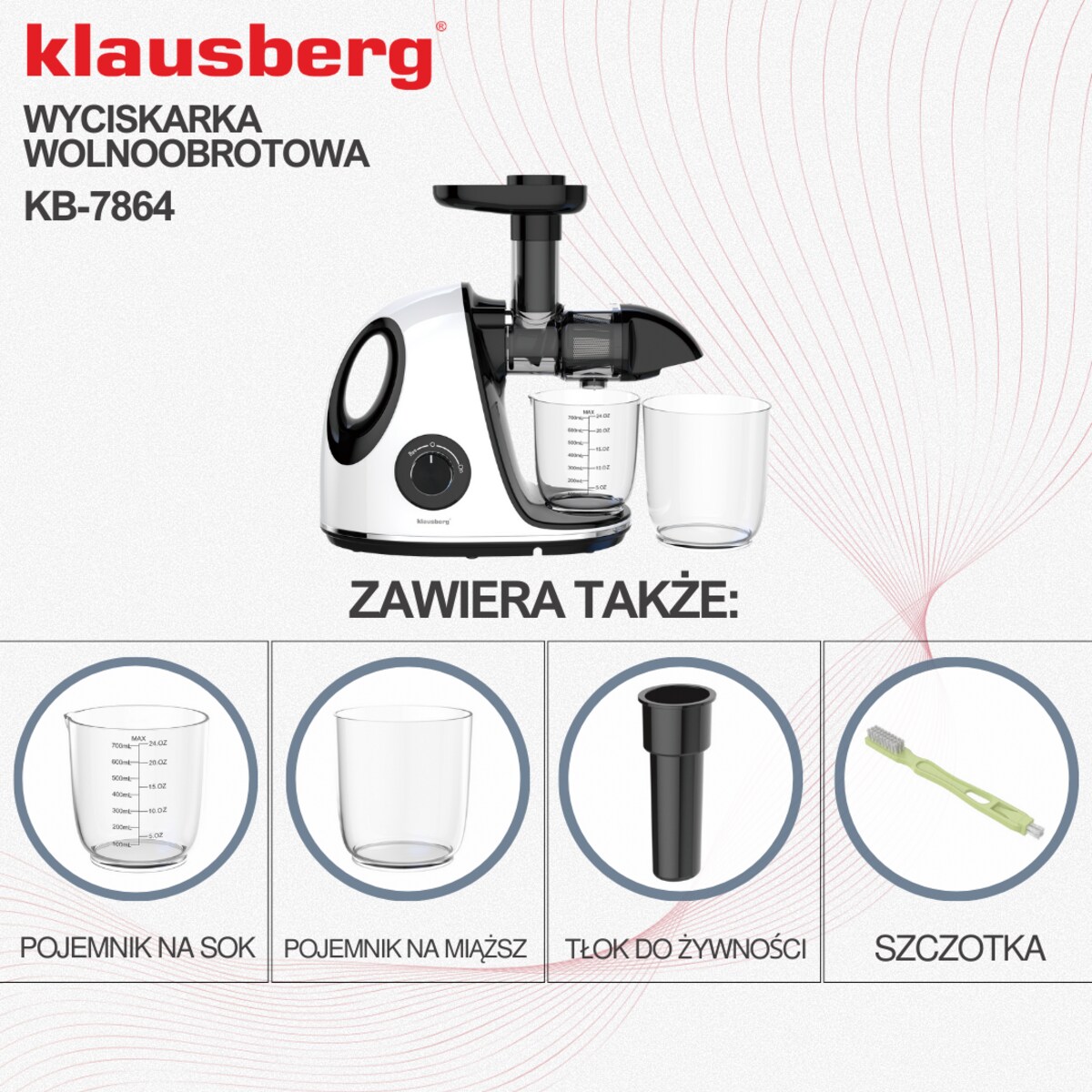 Sokowirówka wolnoobrotowa 150W do owoców i warzyw COLD PRESS KLAUSBERG KB-7864