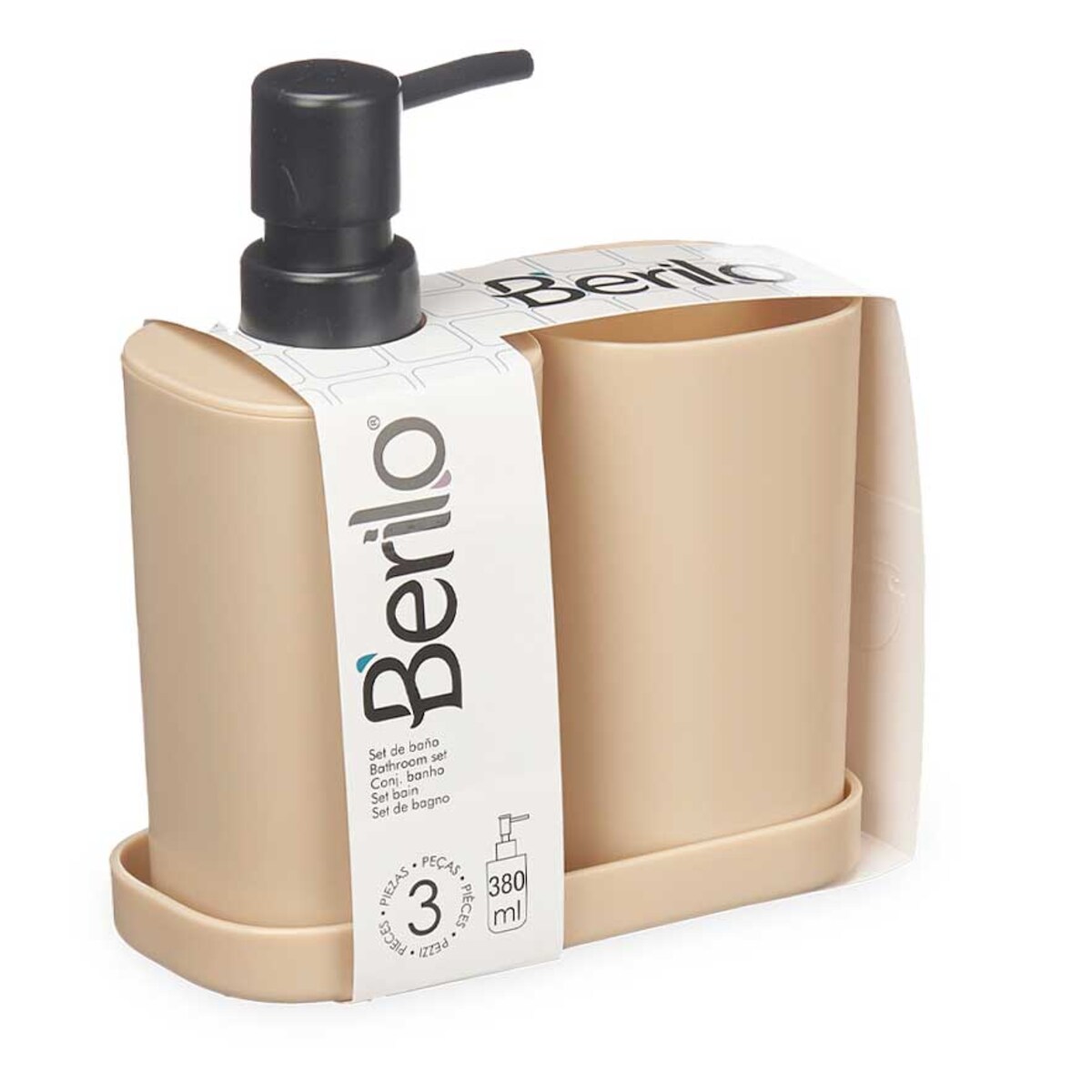 Dozownik do mydła w płynie z kubkiem na szczoteczki i podstawką, plastikowy, 3 elementy