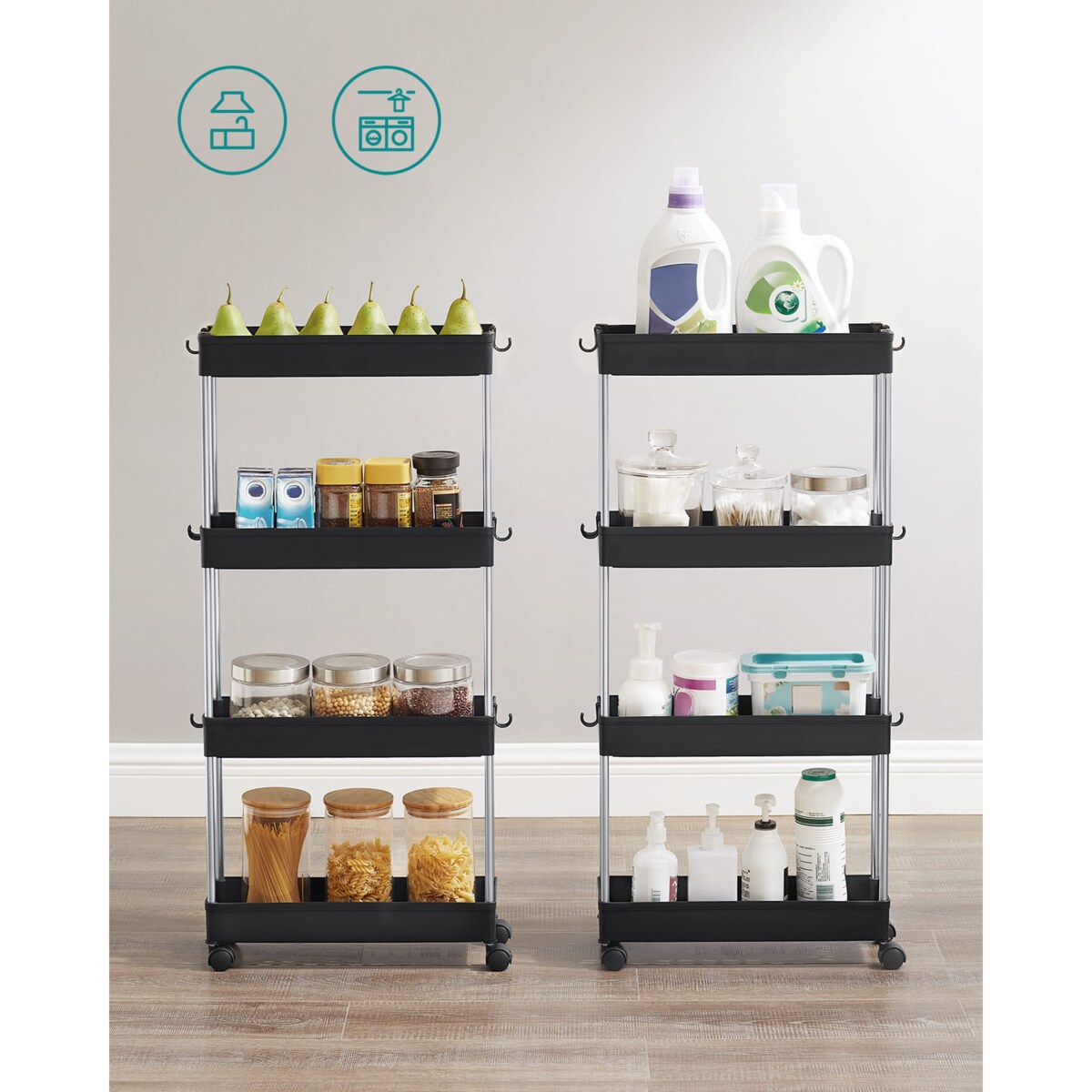 Szafka Na Kółkach 4 Półki Czarna 40X13,5X88 Cm Czarny, Srebrny