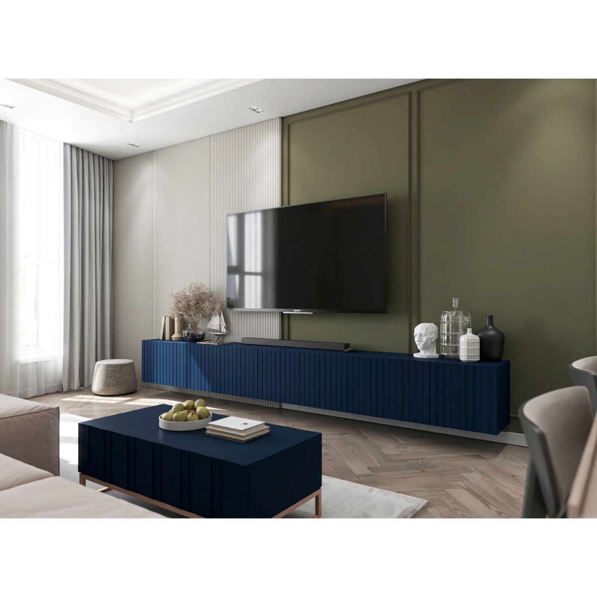 Wisząca Szafka RTV Glamour Nowoczesna Komoda RTV Granatowy MAT 300 cm
