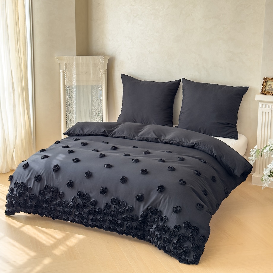 pościel "french roses" z aplikacją 3d róże wyszywane 200x220 | czarny