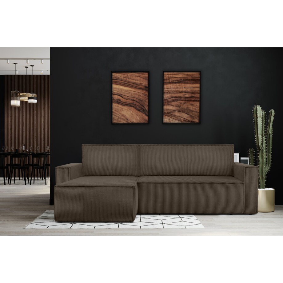 KONSIMO NAPI Duża rozkładana, brązowa, sztruksowa sofa narożna, prawa/lewa