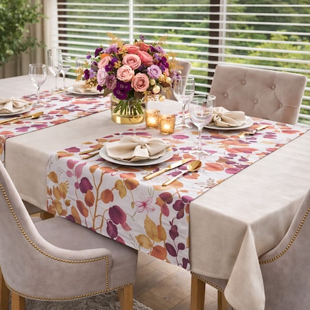 Bieżnik z motywem liści i ptaków Purple Sparrow – 50 × 150 cm