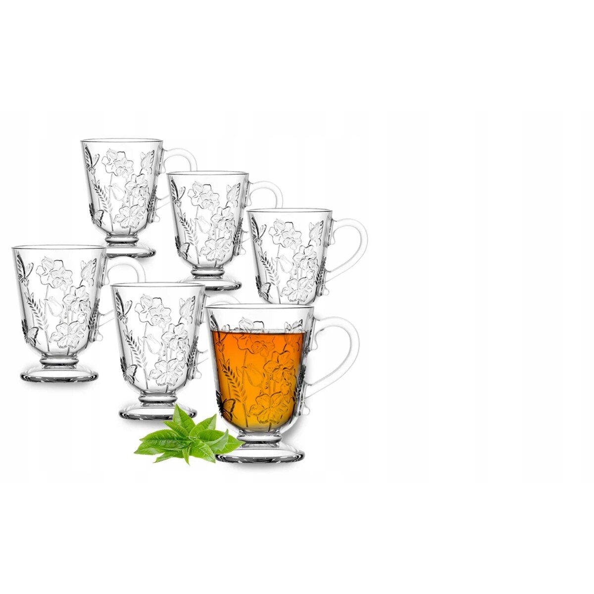 Wysokie Szklanki 310 ml 6szt Ozdobne Szkło z Kwiatowym Wzorem na latte kawę