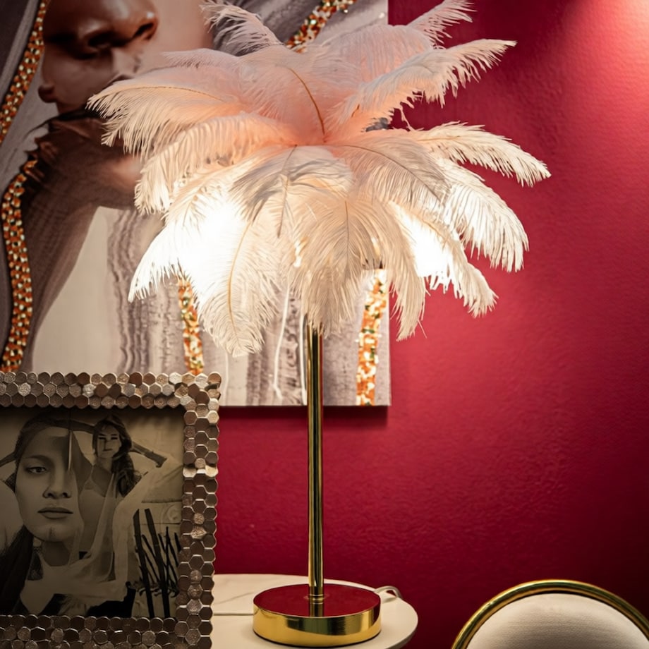 Lampa stołowa Palm, kolor różowy i złoty, żelazo i tworzywo sztuczne, 40 x 40 x 55 cm, 2 x E14, max. 40 W, motyw: palma, Mauro Ferretti