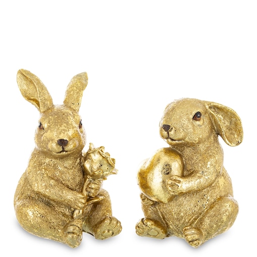 Dekoracja - Para siedzących złotych królików12x7,5x9 i 11x8x8 cm z różą i sercem