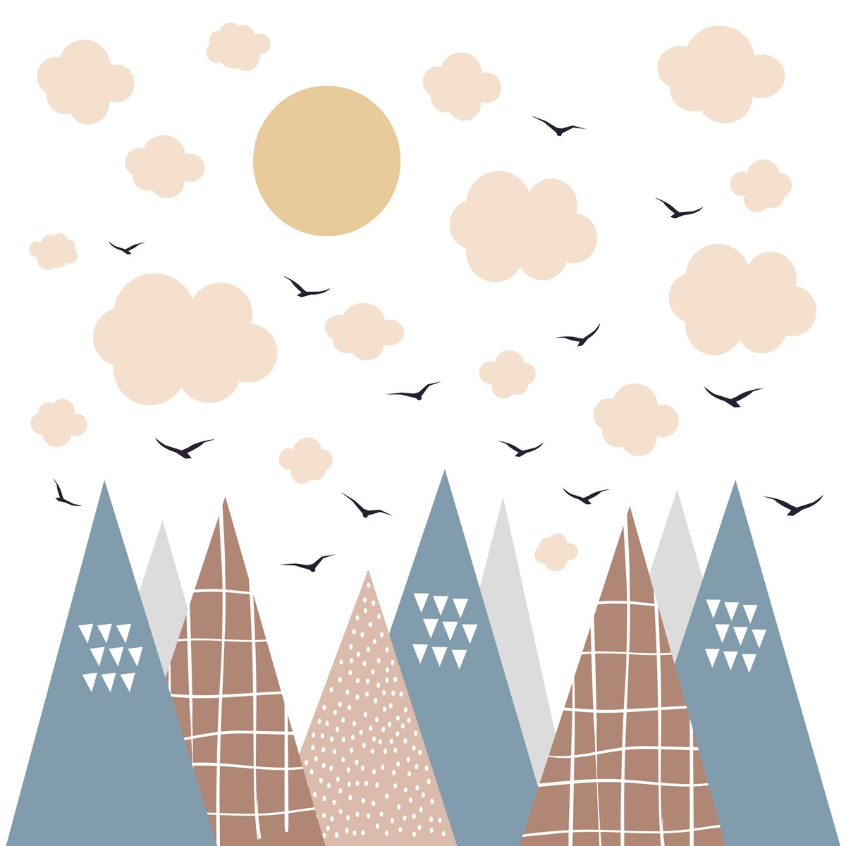 NAKLEJKI NA ŚCIANĘ DLA DZIECI NIEBIESKIE GÓRY STYL SKANDYNAWSKI ZESTAW