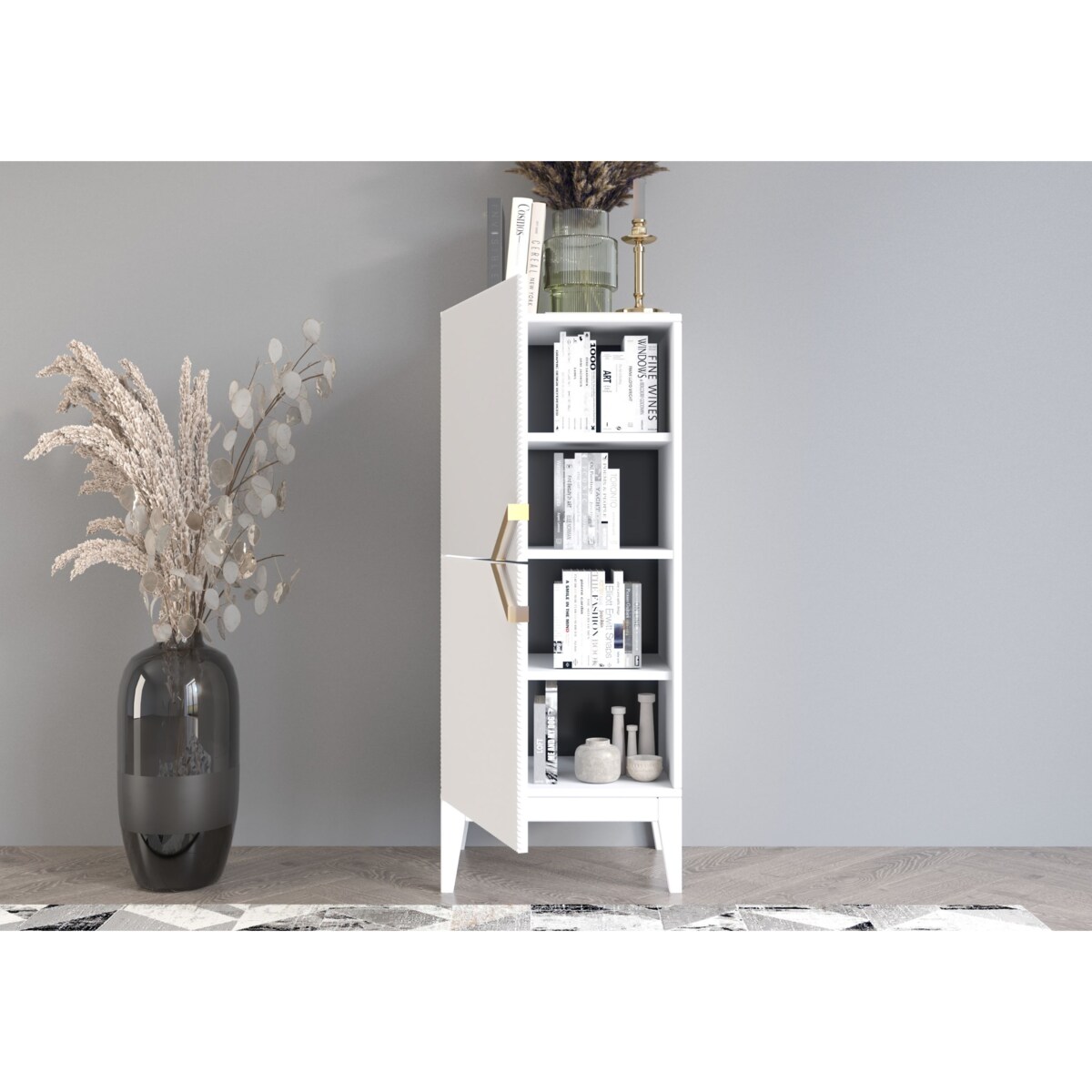 Drewniana komoda Visby DEMI HIGH 2D / kolor biały + białe nogi / szer. 50,5 cm