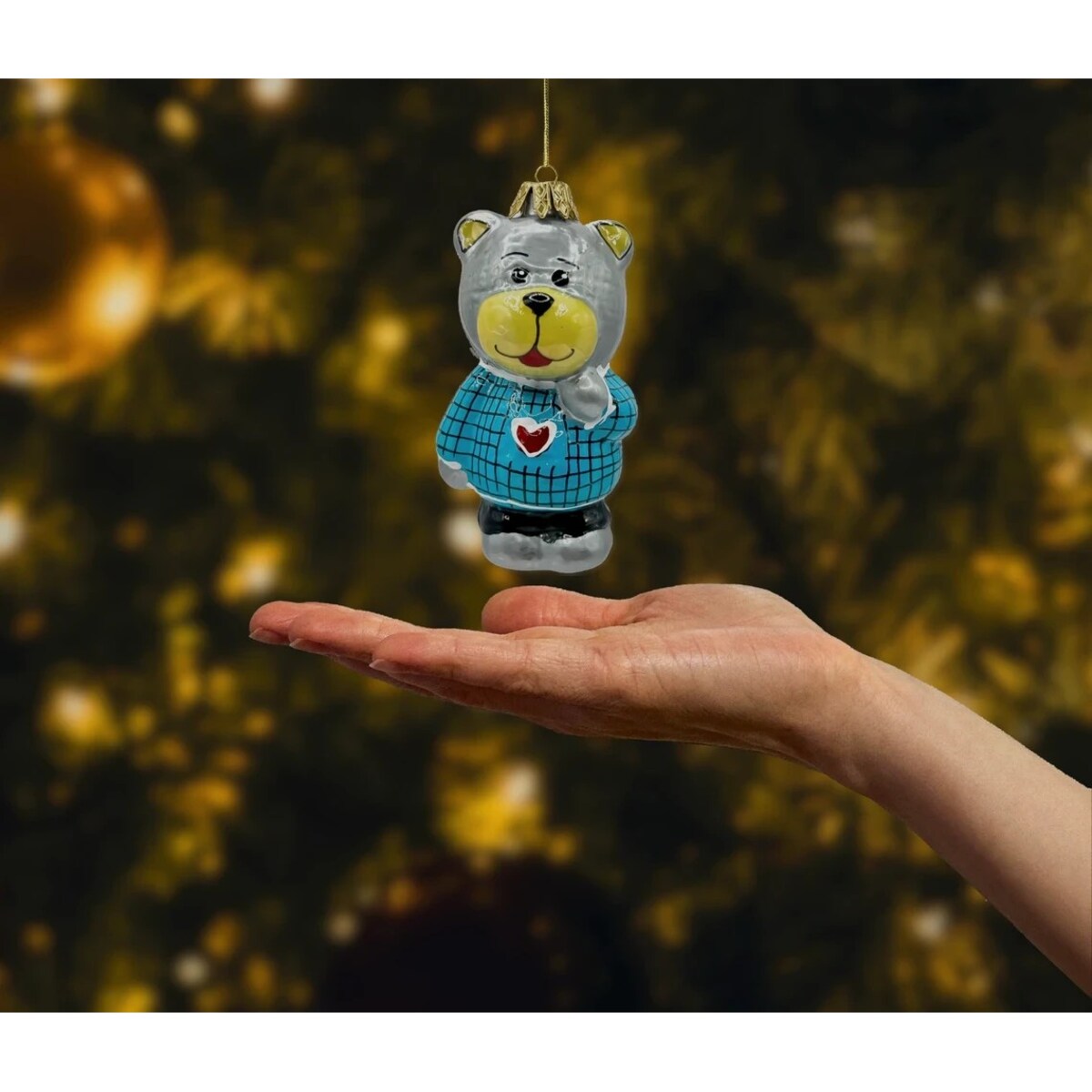 Bombka choinkowa: Uroczy miś w niebieskim sweterku