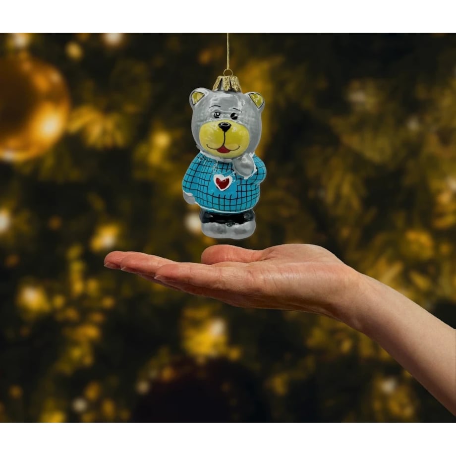 Bombka choinkowa: Uroczy miś w niebieskim sweterku